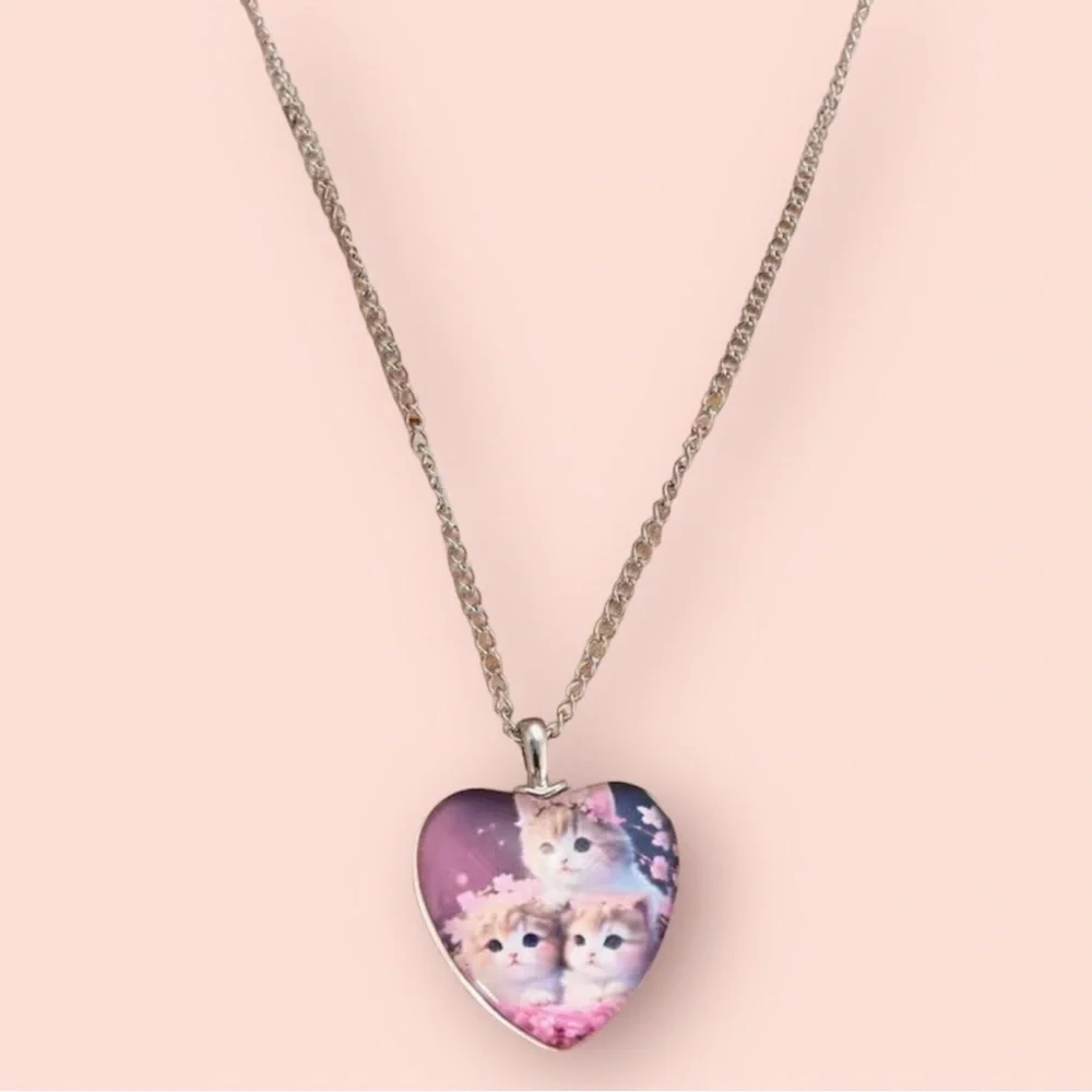 50% OFF Three Little Kittens Romping in Flowers Heart Shaped Pendant Necklace